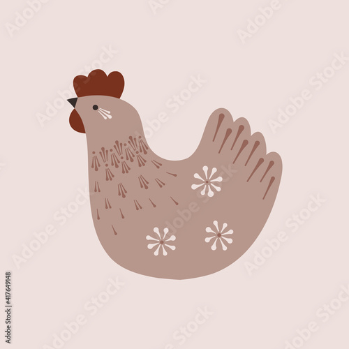 Folksy chicken bird vector illustration. Hen ornate decorative design for Spring Easter greeting. Vector folklore illustration for card poster wall art home decor