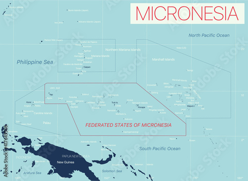 Micronesia detailed editable map with cities and towns, geographic sites. Vector EPS-10 file