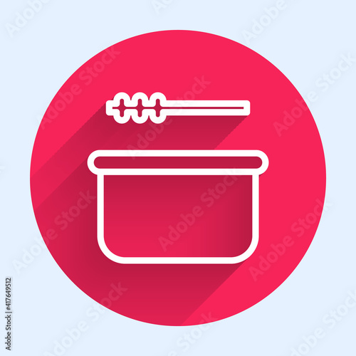 White line Sauna bucket and ladle icon isolated with long shadow. Red circle button. Vector Illustration.