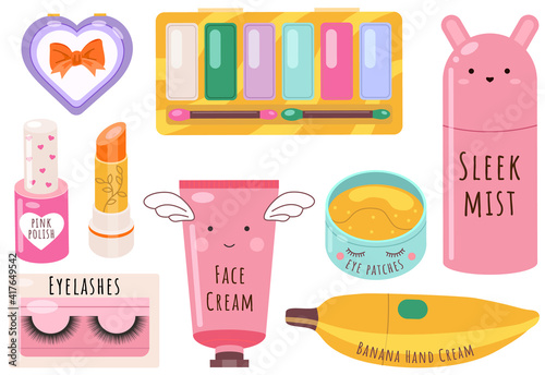Vector beauty set. Makeup cosmetics tools and Korean cosmetics. Beauty products collection. Sleek mist, lotion, eye patches, cosmetic bag, lipstick, nail polish, powder, eyelashes, face and hand cream