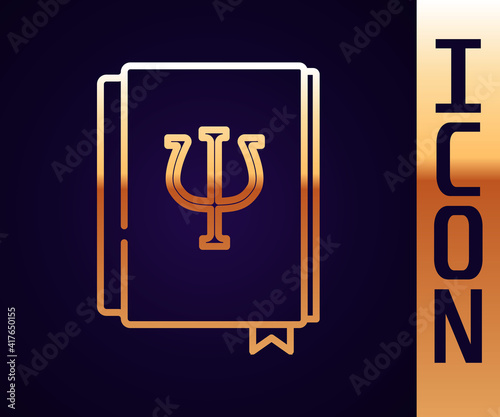 Gold line Psychology book icon isolated on black background. Psi symbol. Mental health concept, psychoanalysis analysis and psychotherapy. Vector.
