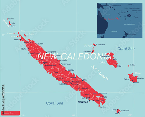 New Caledonia detailed editable map with cities and towns, geographic sites. Vector EPS-10 file