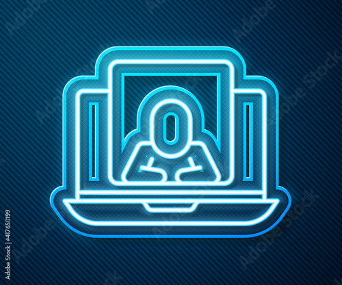 Glowing neon line Online psychological counseling distance icon isolated on blue background. Psychotherapy, psychological help, psychiatrist online consulting. Vector.