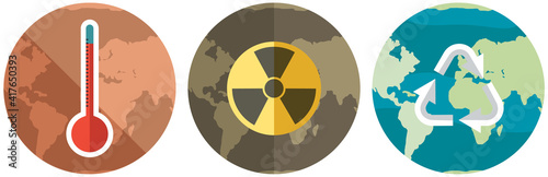 Three planets with pollution and environmental problems vector illustration. Radiation contaminated world, global warming concept. Earth with recycling symbol. Planet is victim of human activity