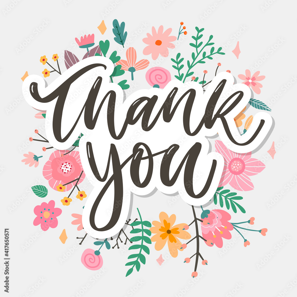 Obraz premium Cute Thank You Script Card Flowers Letter text