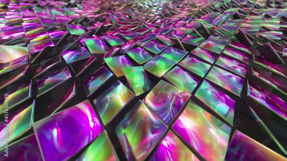 Abstract background of reflective holographic cubes creating a wave surface. Modern neon lighting, trendy background. 3d animation of seamless loop