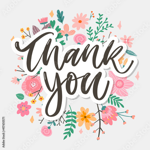 Cute Thank You Script Card Flowers Letter text