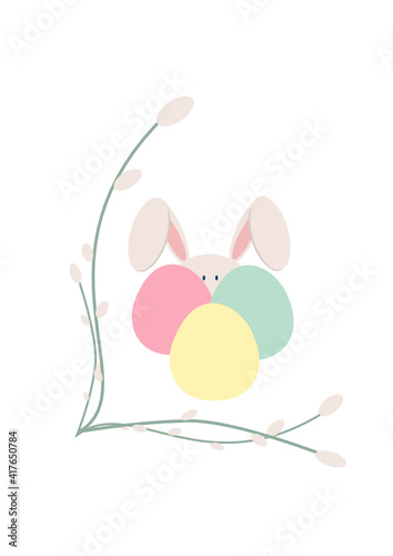easter bunny with easter eggs, cute rabbit hiding behind easter eggs on the background of pussy willow twigs, vector illustration