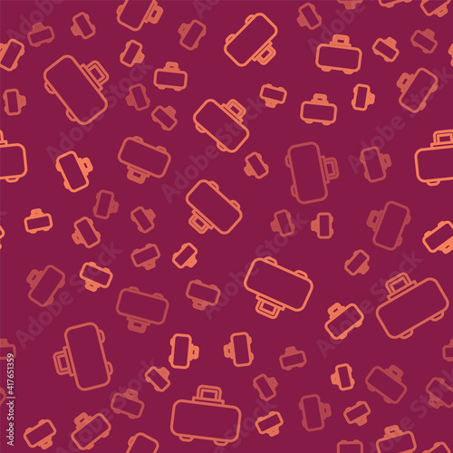 Brown line Weapon case for storing and transporting weapons icon isolated seamless pattern on red background. Vector.