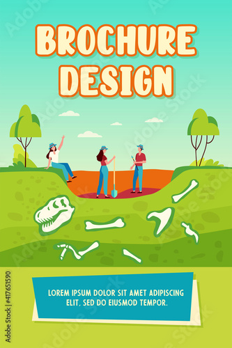 Group of archeologists discovering fossils, digging ground with dinosaur bones. Vector illustration for archeology, paleontology, science, expedition concept