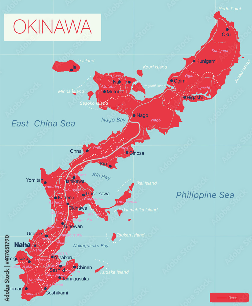 Okinawa detailed editable map with cities and towns, geographic sites. Vector EPS-10 file