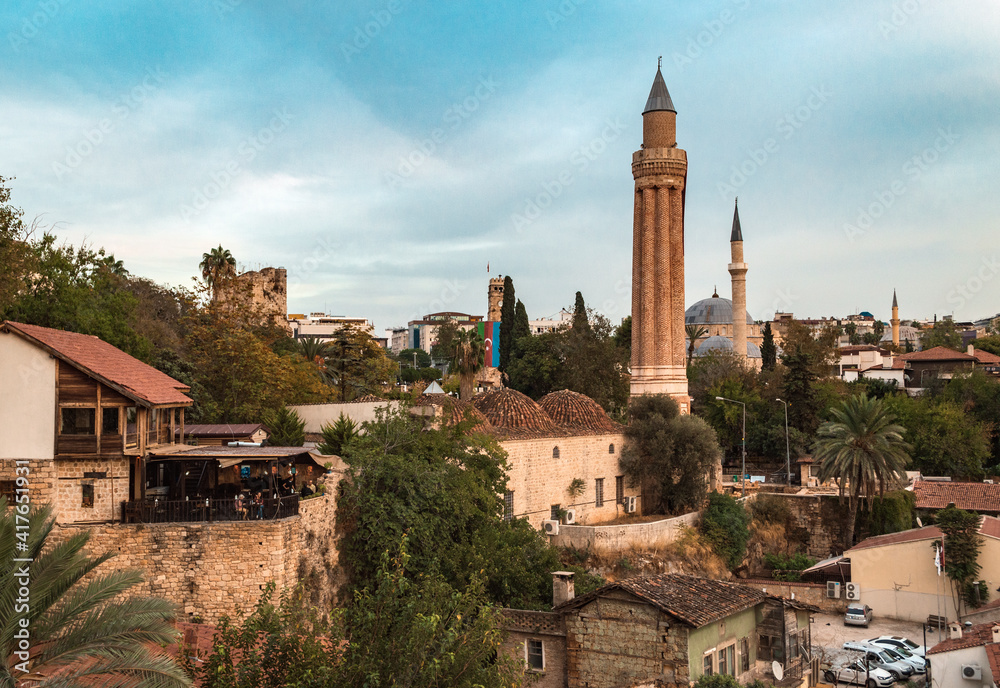 View of the old town of Kaleici in Antalya. Minarets and roofs.
