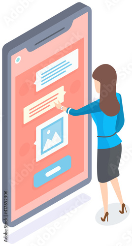 Chat bot robot speech internet. AI service mobile isolated app. Girl uses messenger on phone screen. Online communication via Internet concept. Woman taps screen to type message and sends photo