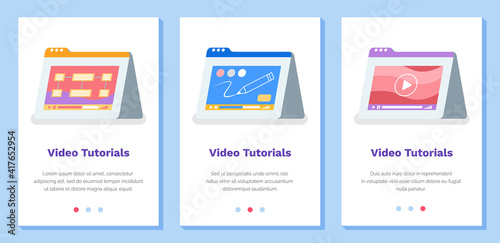 Set of illustrations about online video tutorials, webinar, distance education, e-learning, business training. Drawing clip website landing page template. Tablets with on-screen video player