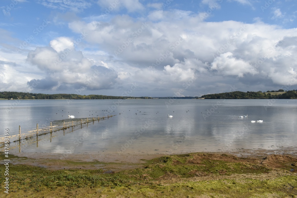 Scenic sunny views over Rutland Water; reservoir and nature reserve in the East Midlands, UK