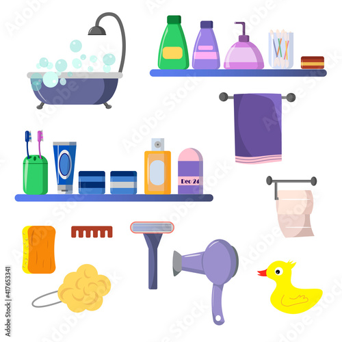 Set with items for the bathroom. Vector illustration. Care items - shampoo, soap, toothbrushes and toothpaste, washcloth and soap, bath, towel and hair dryer. For use in various types of designs