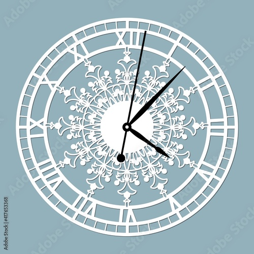 Simple clock face with roman numerals. Vector template for laser cut. Silhouette of dial isolated on gray background. Floral theme of illustration.