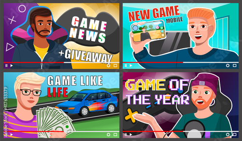 Male professional gamers tell about computer games and news. Young man blogger creating content about his hobby and posting it on social media. Screensaver of online video tutorial scenes set
