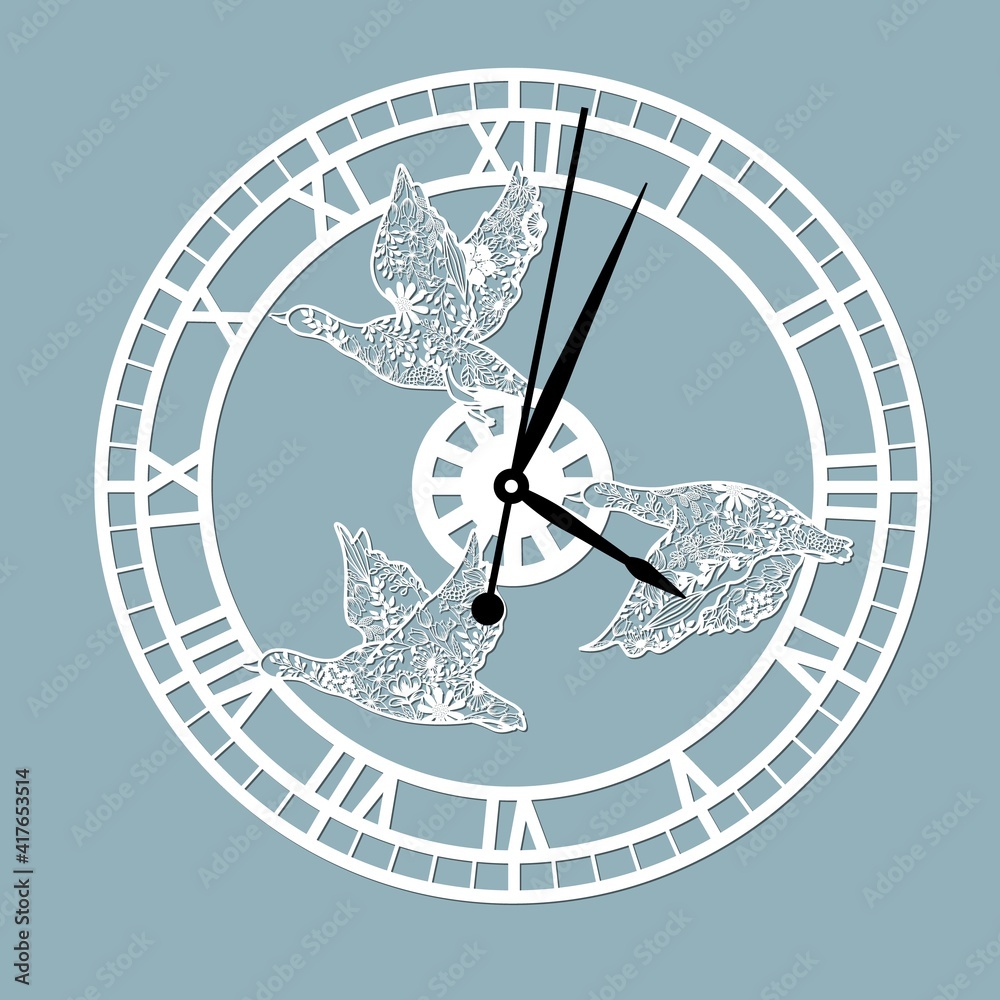 Simple clock face with roman numerals and ducks. Vector template for ...