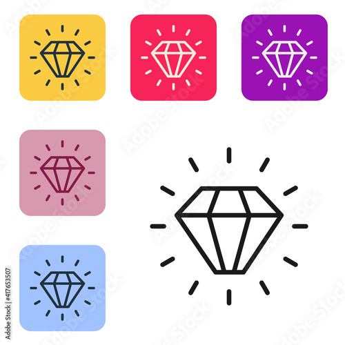 Black line Diamond icon isolated on white background. Jewelry symbol. Gem stone. Set icons in color square buttons. Vector.