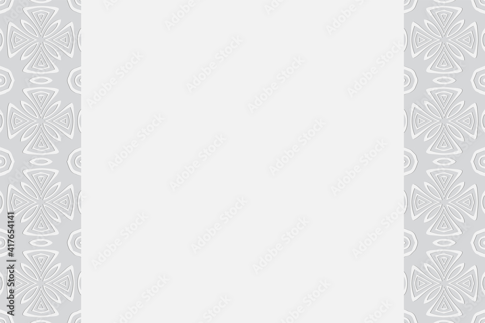 Geometric white background. Volumetric composition of a relief ethnic pattern. Vertical inserts. 3D effect of convex shape for presentation. Geometric white background. Volumetric composition of a relief ethnic pattern. Vertical inserts. 3D effect of convex shape for presentation.