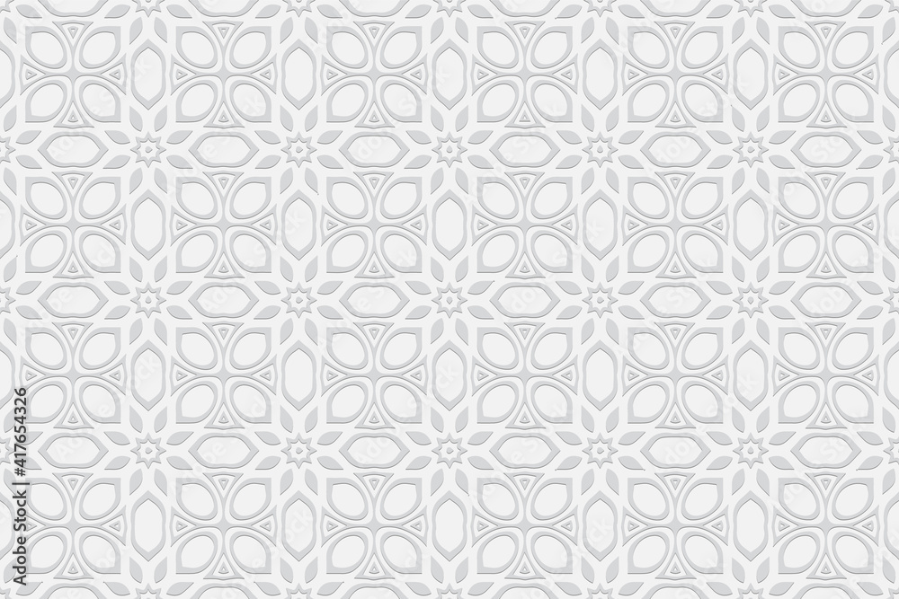 Geometric original white background. Volumetric composition from a relief ethnic pattern in oriental style. Wallpaper with 3D effect of a convex shape for presentation, website.

