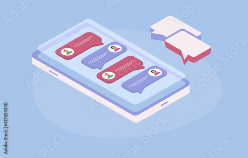 Mobile messenger app, chatting with friends, colleagues at work, texting group messages, chatbots. On-screen chats with bubbles and text message. Online mobile direct message chat concept.