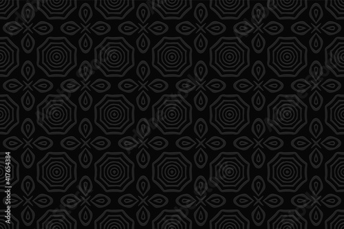 Geometric black background. Volumetric composition of a relief ethnic pattern in the African, Mexican style. Wallpaper with 3D effect of a convex shape for presentation, website.