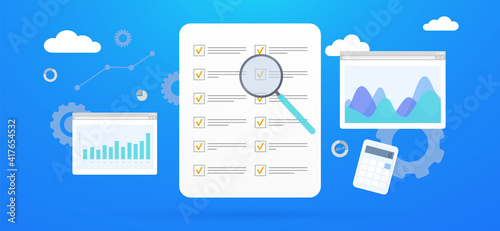 Survey Report Results, questionnaire checklist form of online exam. Internet quiz, to do list paper note business concept, survey form, magnifier and chart icons