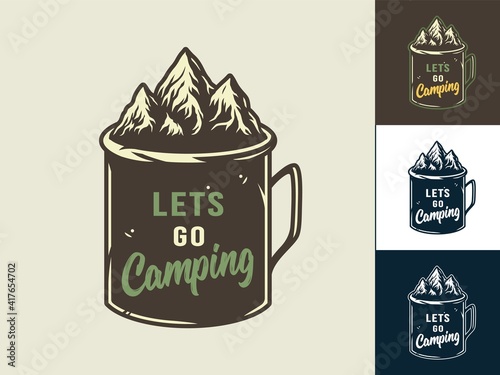 Set of camp mug, mountain and rock for camping and outdoor travel expedition or t-shirt print, emblem photo