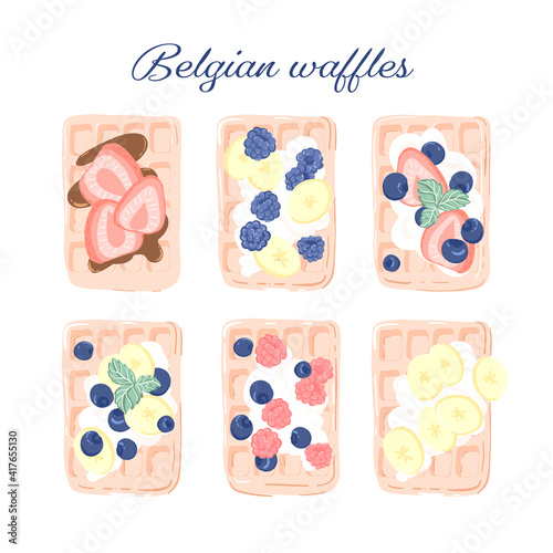 Set of drawing with Belgian waffles decorated with fruits and berries. Hand-drawn illustration for food or lifestyle blog