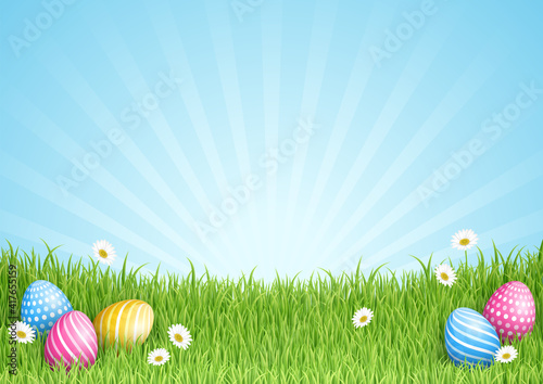 Easter Eggs Green Grass Border Blue Sky Background