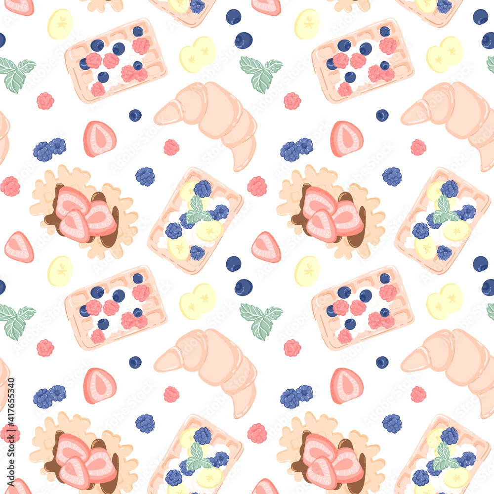 Seamless pattern with fruits, berries, waffles and croissant. Seamless design for textile or background with Belgian waffles. Seamless pattern with fruits, berries, waffles and croissant. Seamless design for textile or background with Belgian waffles.