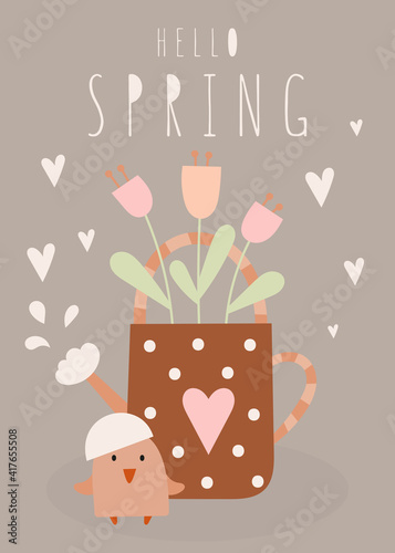 Happy Easter greeting card – Easter chicken and watering can with tulips. Lettering Hello spring. Vector illustration in retro design.