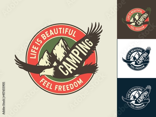 Set of colored patch eagle, mountain and rock for camping and outdoor travel expedition or t-shirt print, emblem photo