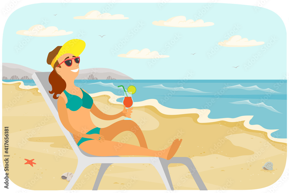 Recreation near sea vector illustration. Smiling girl is sitting in sun lounger with cocktail and tanning. Female character is sunbathing at resort. Woman resting and spending time at sandy beach