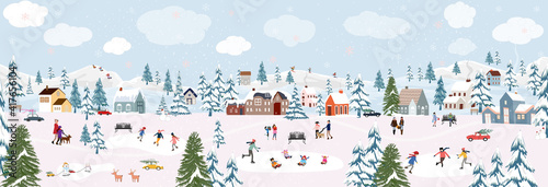 Winter landscape with snowing with people having fun doing outdoor activities on new year,Vector city landscape on Christmas holidays with people celebration, kid playing ice skates, teenagers skiing