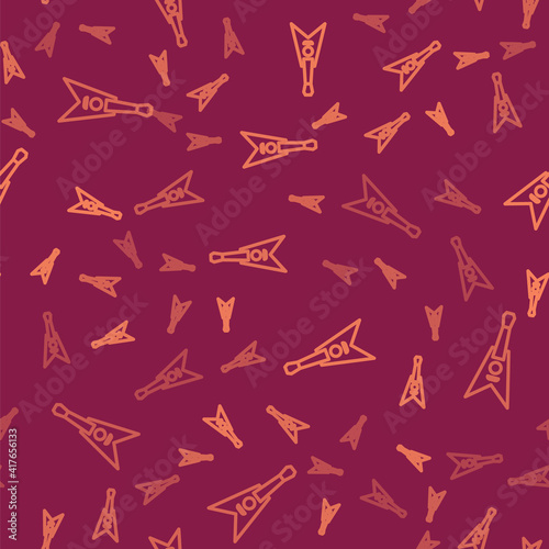 Brown line Electric bass guitar icon isolated seamless pattern on red background. Vector.
