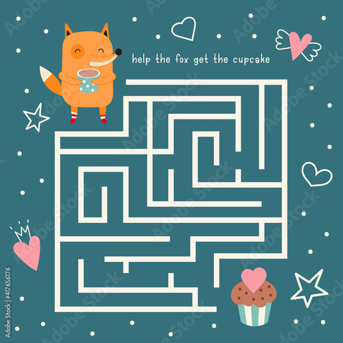 Maze game for little one. Help the fox get the cupcake. Vector illustration. Funny labyrinth for kids.