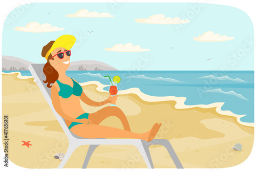 Recreation near sea vector illustration. Smiling girl is sitting in sun lounger with cocktail and tanning. Female character is sunbathing at resort. Woman resting and spending time at sandy beach © robu_s
