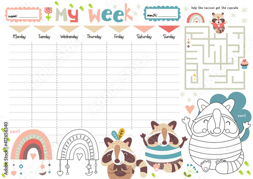 Weekly planner with cute raccoons in cartoon style. Kids schedule design template. Included mini games - maze, coloring page. Vector illustration.