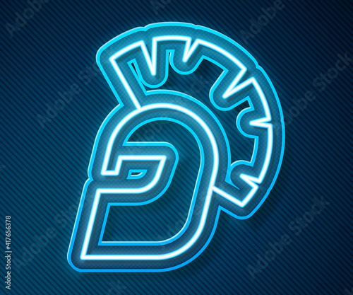 Glowing neon line Greek helmet icon isolated on blue background. Antiques helmet for head protection soldiers with a crest of feathers or horsehair. Vector.