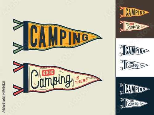 Set of a flag pointer for camping and travel. Colored vector Illustration for traveler and tourist. Outdoor adventure equipment. Sport activity