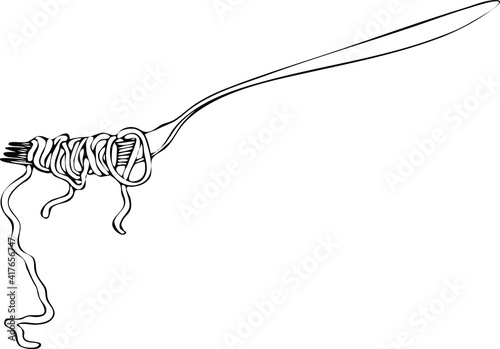 Pasta spaghetti on a fork. Sketch black and white drawing by hand.