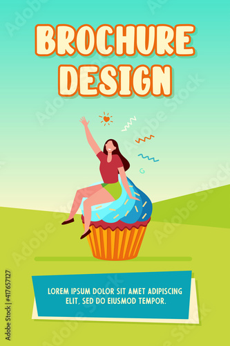 Happy woman enjoying dessert. Cheerful girl sitting on cupcake flat vector illustration. Bakery, pastry, food concept for banner, website design or landing web page