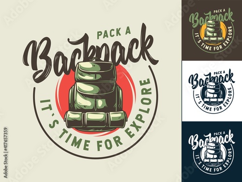 Set of colored travel emblem of a backpack for camping design or t-shirt print with bag for traveler