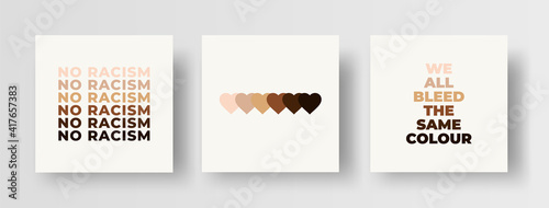 Diversity and Anti Racism Social Media Post or Square Banner Collection. Set of Anti-Racism Illustrations, Typography, Design Elements with Skin Tone Colours. No Racism, We All Bleed The Same Colour. 