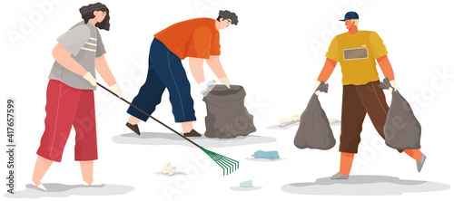 Volunteer people are cleaning territory. People volunteering collect garbage and waste on contaminated areas. Characters throwing trash. Men and woman remove plastic and paper vector illustration