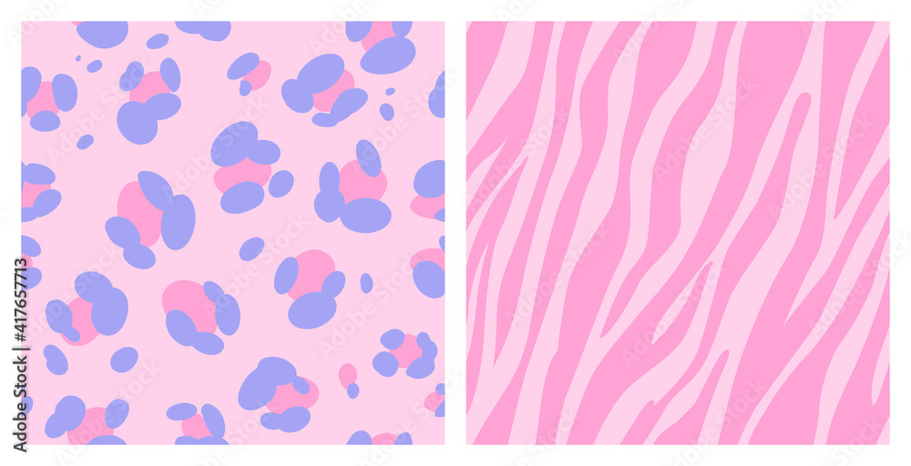 Set of animal seamless skin patterns, Leopard and zebra print in vibrant pink and purple palette. Modern trend design background. Vector illustration in boho style. Set of animal seamless skin patterns, Leopard and zebra print in vibrant pink and purple palette. Modern trend design background. Vector illustration in boho style.
