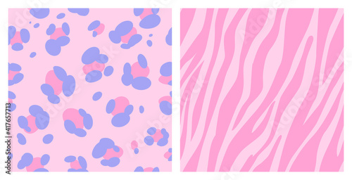 Set of animal seamless skin patterns, Leopard and zebra print in vibrant pink and purple palette. Modern trend design background. Vector illustration in boho style.